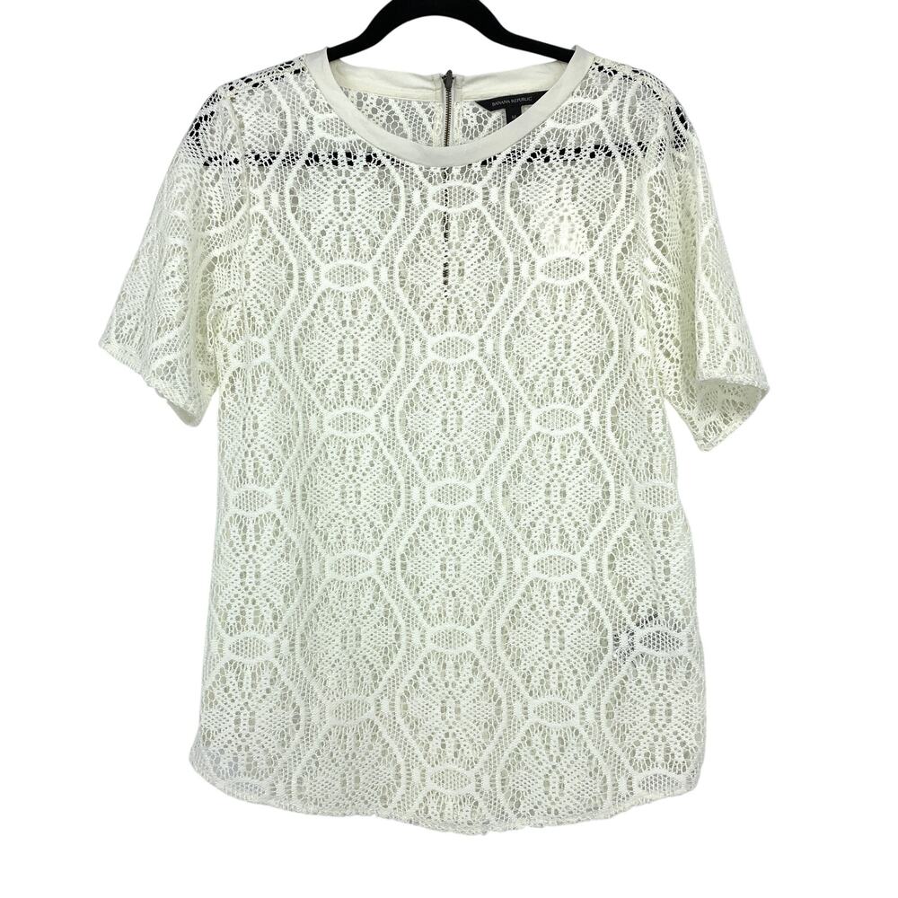 Banana Republic Short Sleeve Lace Blouse Womens Size Medium Cream Semi Sheer